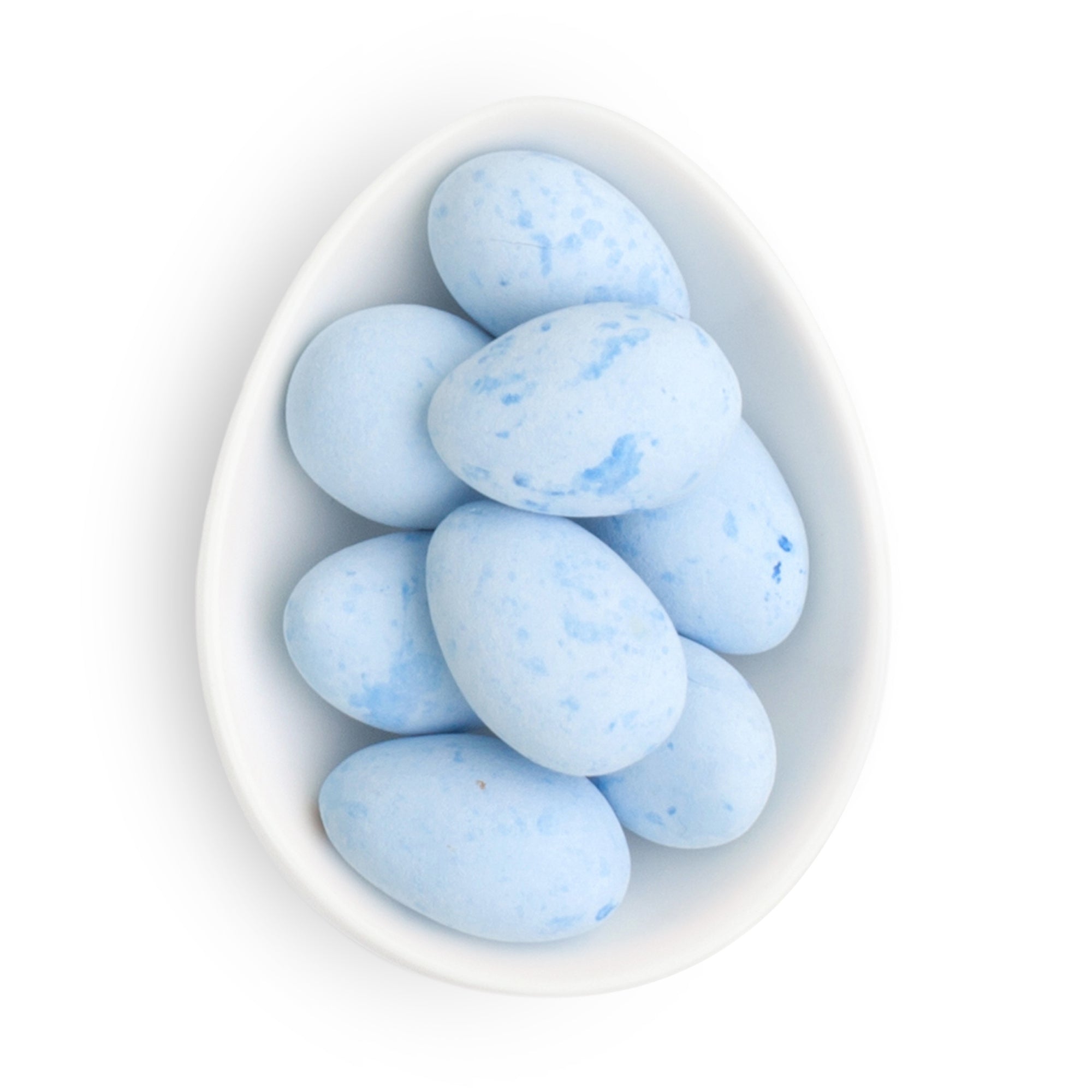 Small dish full of blue egg-shaped candies.