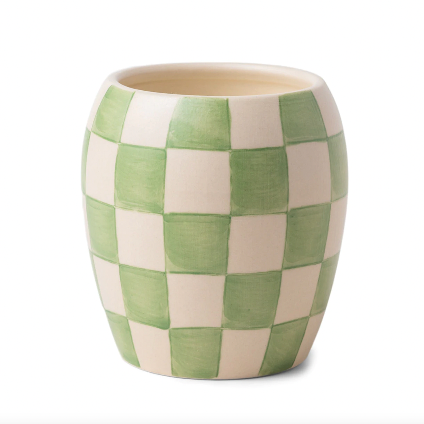 Green and tan checkered candle vessel.