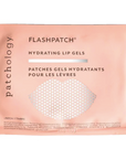 A blush pink envelope with lip graphic on middle with silver geometric print inside. Text on packaging reads, "Patchology Flashpatch Hydrating Lip Gels 1 patch". Photographed on white background.