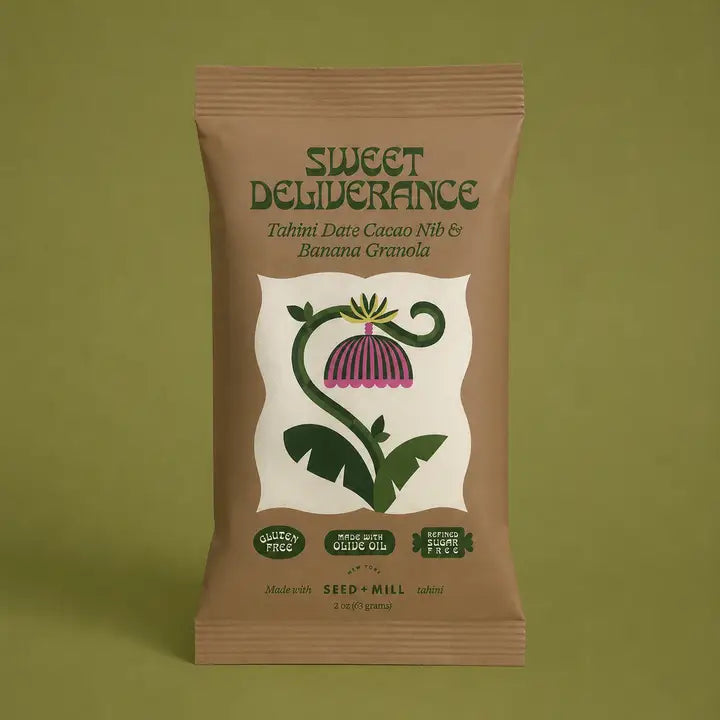 A single stand-up pouch of Sweet Delivrance Tahiti Date Cacao Nib &amp; Banana Granola, standing upright against a solid olive green background. The packaging is a warm brown kraft paper color with dark green text and a central white graphic containing a stylized purple and green flower.