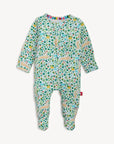 Children's onesie with a colorful animal pattern on a white background