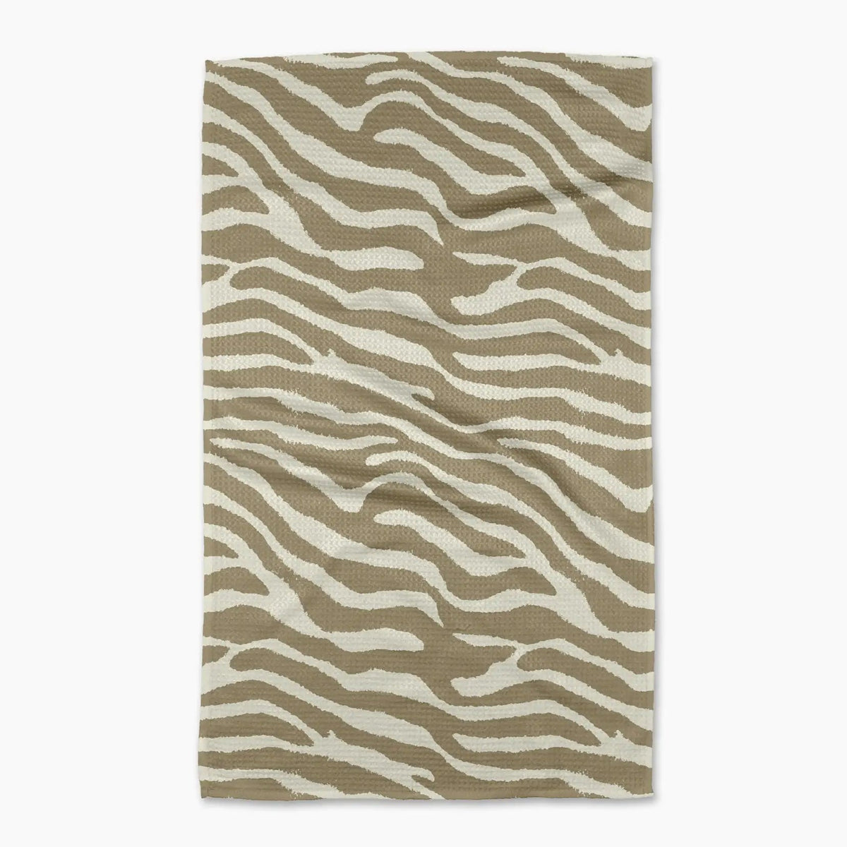A rectangular woven textile with an abstract zebra-like wavy pattern in taupe and off-white, shown flat against a light gray background.