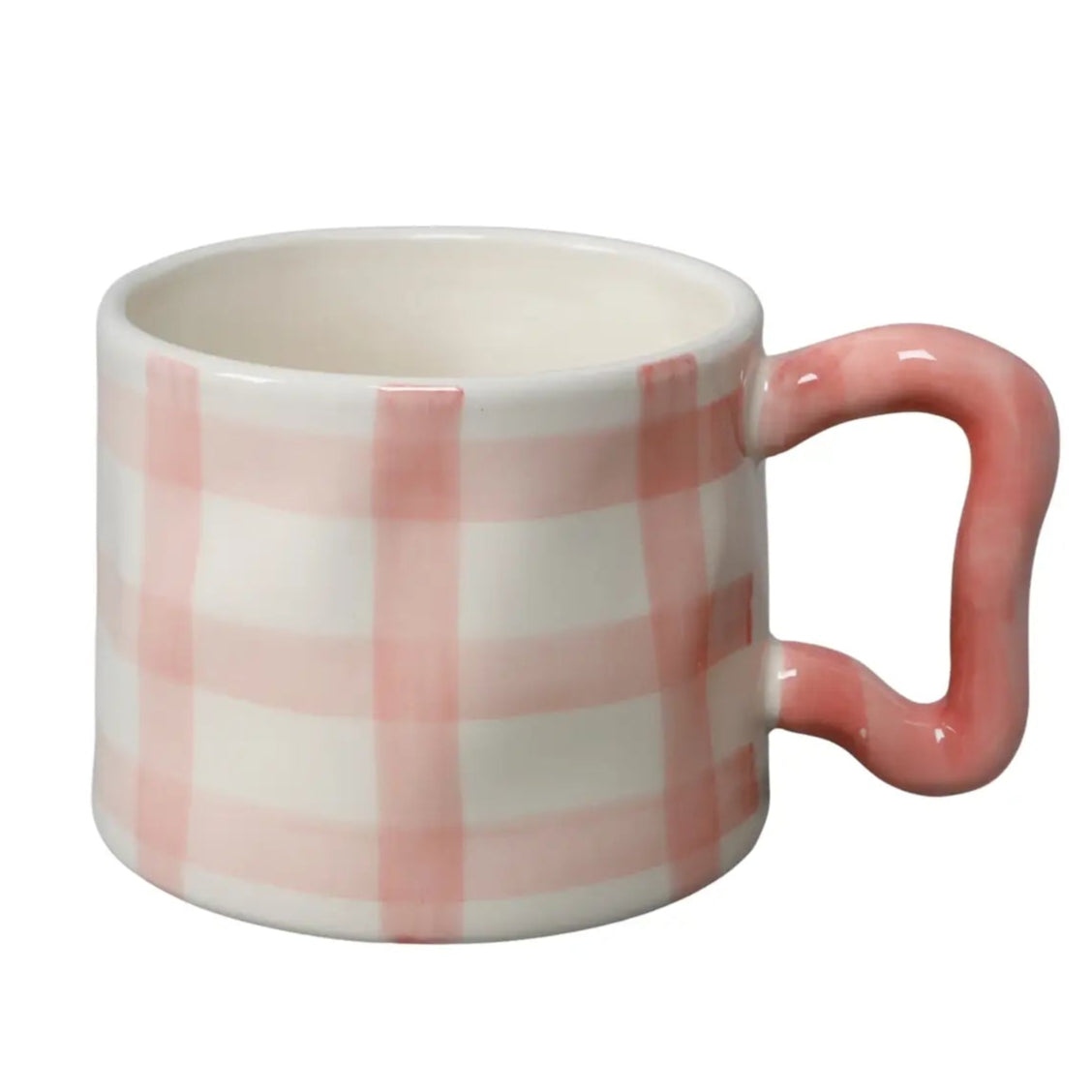 white ceramic mug with pink checkers and a pink heart shaped handle