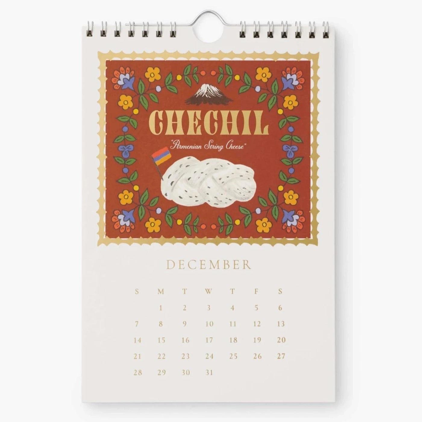 December page of the 2025 Cheese Calendar highlighting Chechil, an Armenian string cheese. The design has a rustic red background with floral borders and an illustration of the cheese.