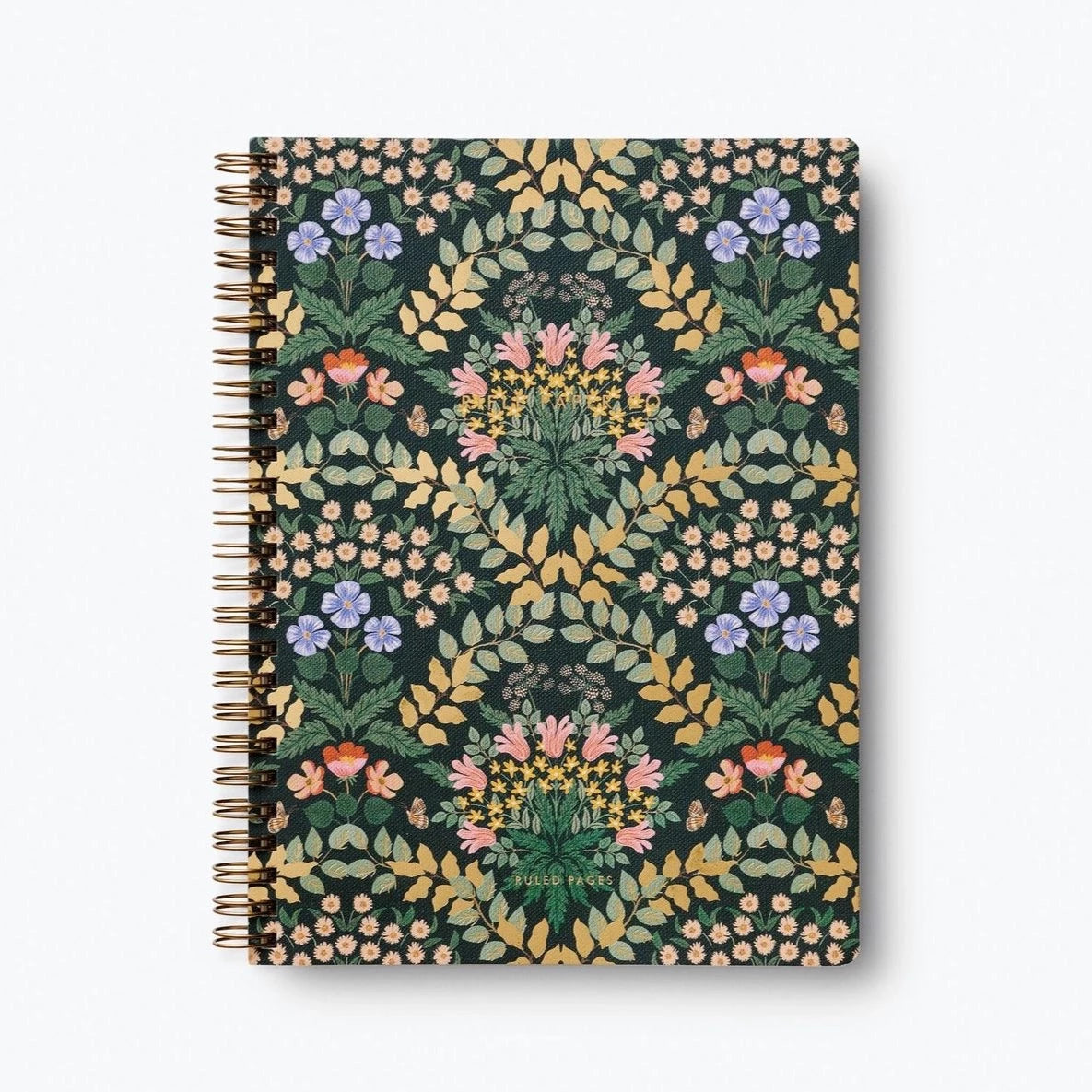 Gold spiral bound notebook. Notebook cover is floral with lots of vines and greenery. Flowers printed on the cover are pink and blue
