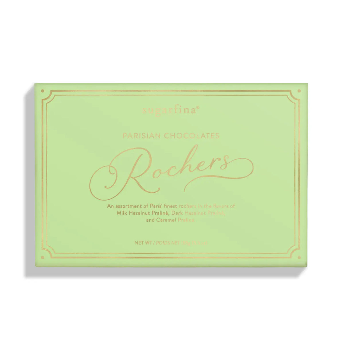 A rectangular box of Rochers Parisian Chocolates by Ingallsina, featuring a light mint green background with elegant gold foil borders and cursive branding, set against a clean white background.