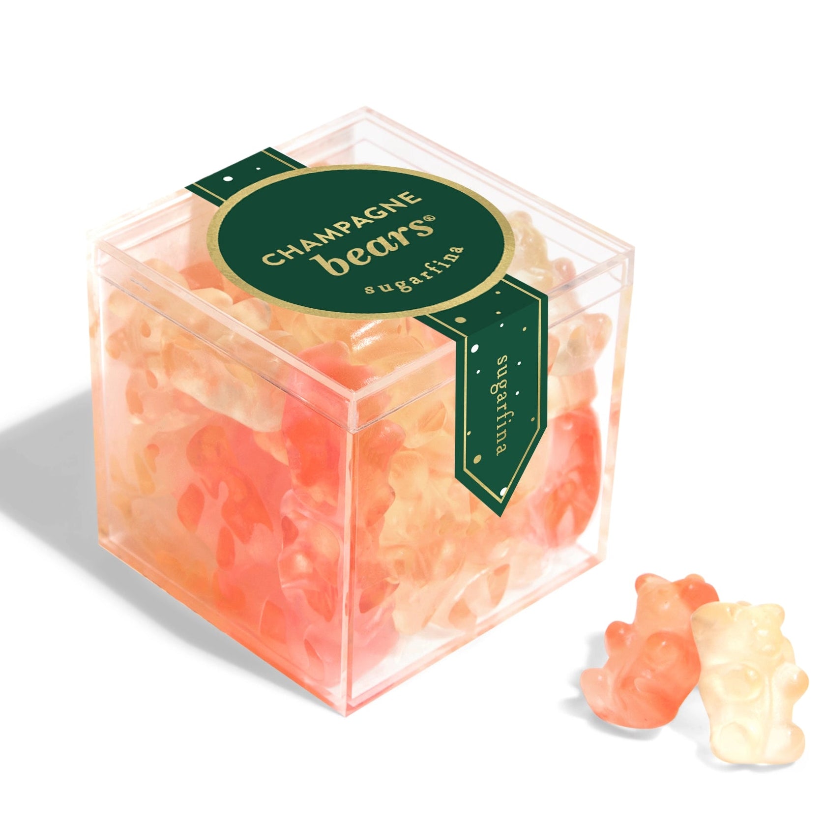 Box of Champagne Bears gummy bears with a green label on a white background