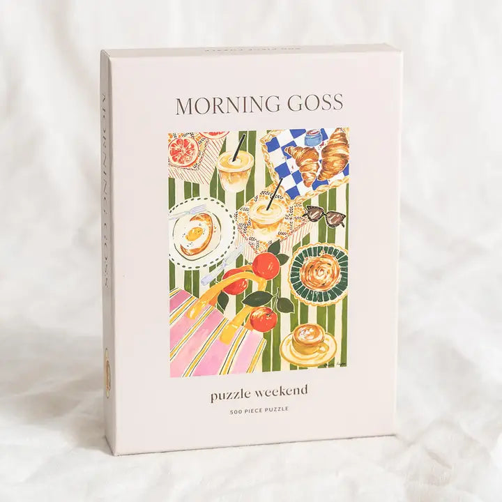 Puzzle box with 'Morning Goss' and 'puzzle weekend' text on a white background