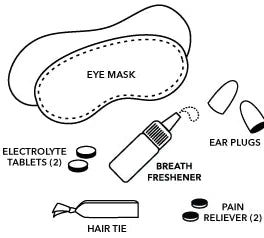 an eye mask, electrolyte tablets, breath freshener, ear plugs, hair tie and pain reliever.