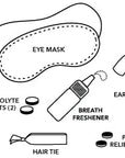 an eye mask, electrolyte tablets, breath freshener, ear plugs, hair tie and pain reliever.