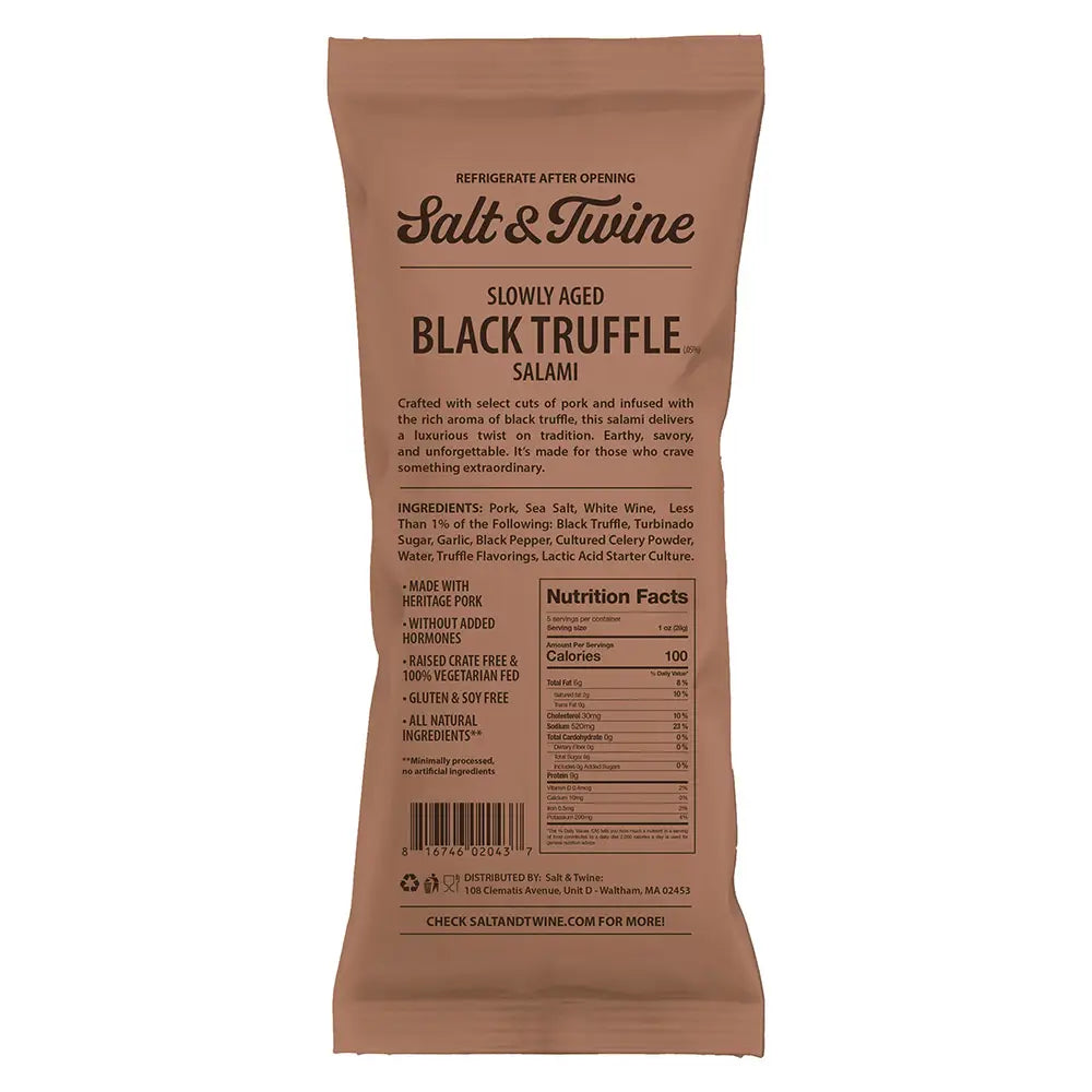 Brown package of Salt & Twine Black Truffle Salami with text and nutrition facts on a white background
