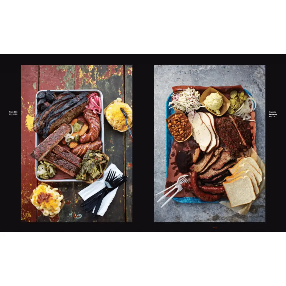 Two images of assorted meats and vegetables on a wooden surface with a white background.