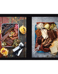 Two images of assorted meats and vegetables on a wooden surface with a white background.
