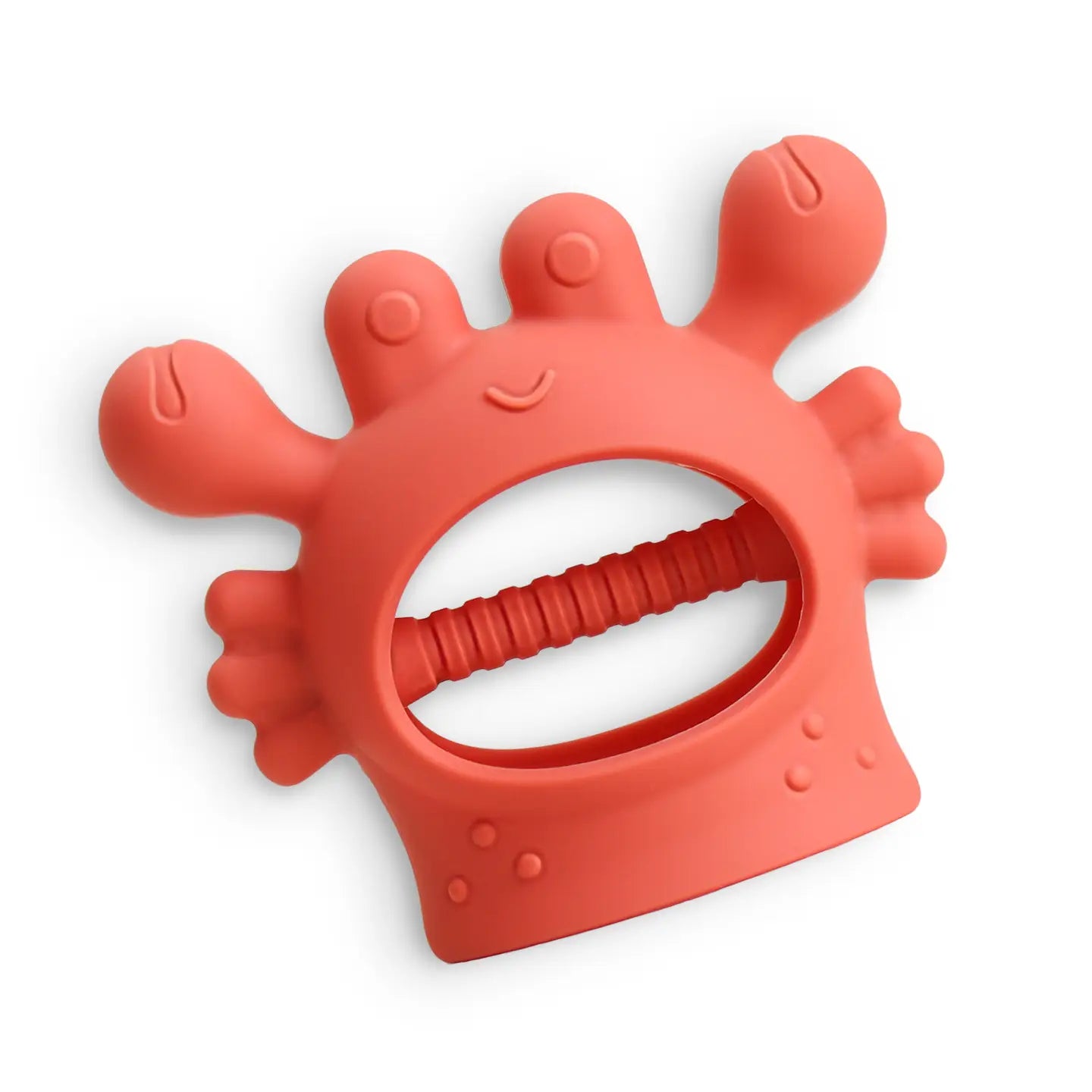 Red silicone teething ring on a white background