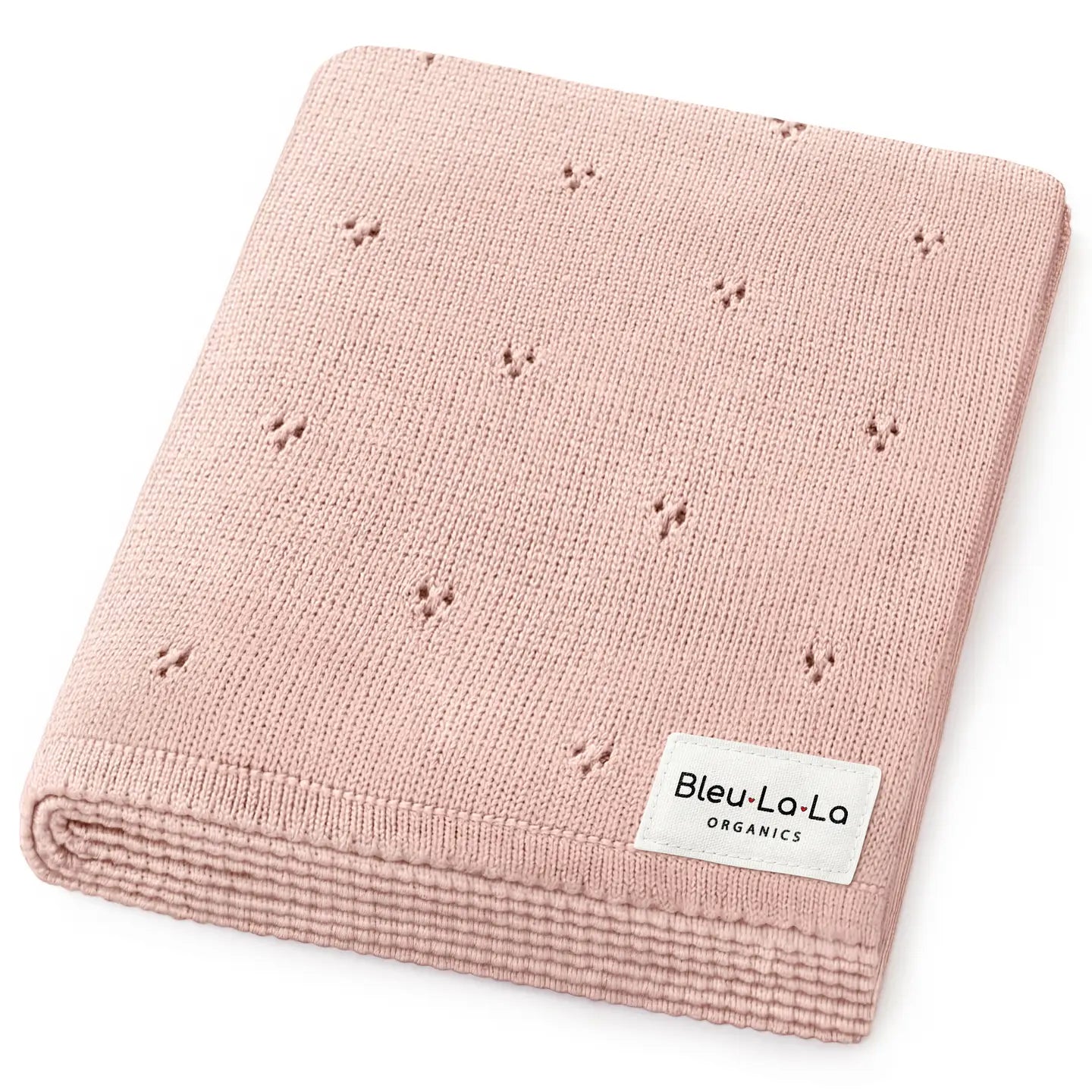 Pink knitted blanket with a 'Bleu La La Organics' label on a white background