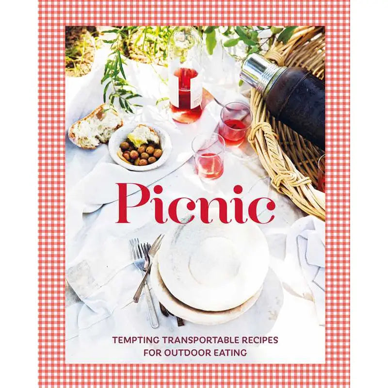 Book cover of 'Picnic' with a picnic setup and red checkered border