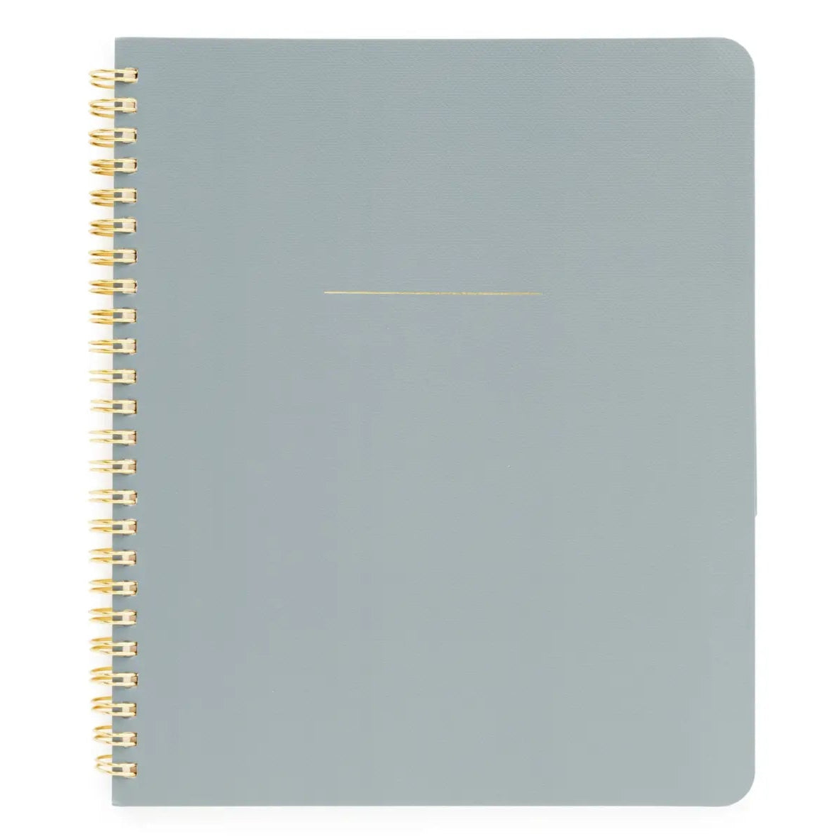 Gray notebook with gold spiral binding on a white background