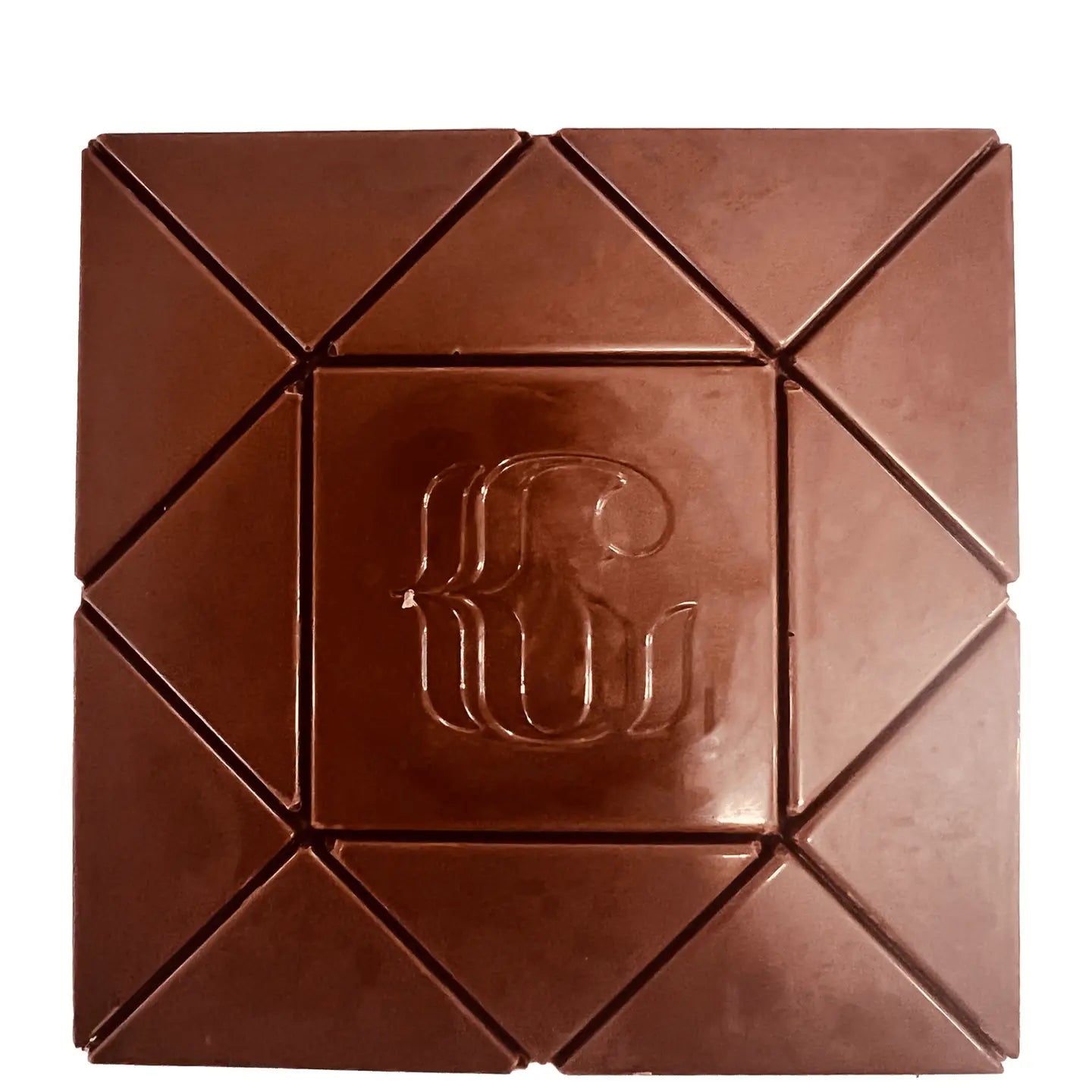Chocolate bar with a geometric pattern and a logo on a white background