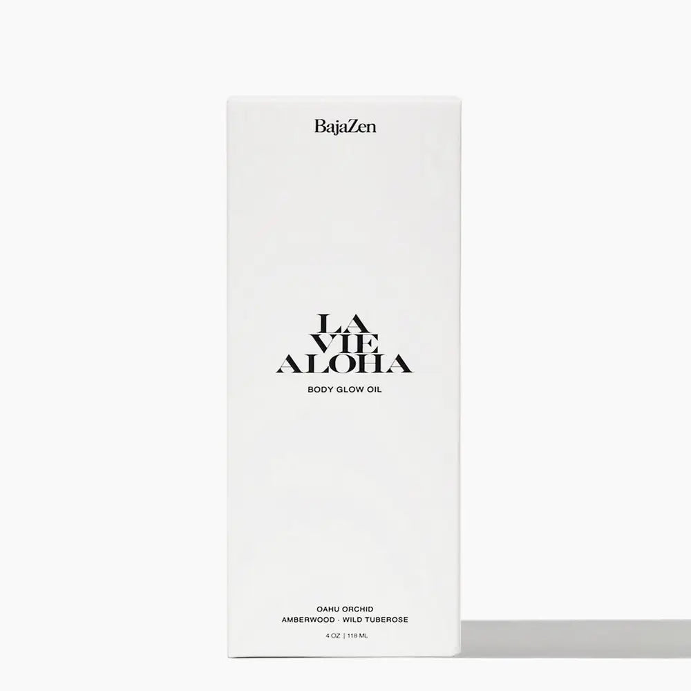 la vie aloha white body glow oil packaging on a white background