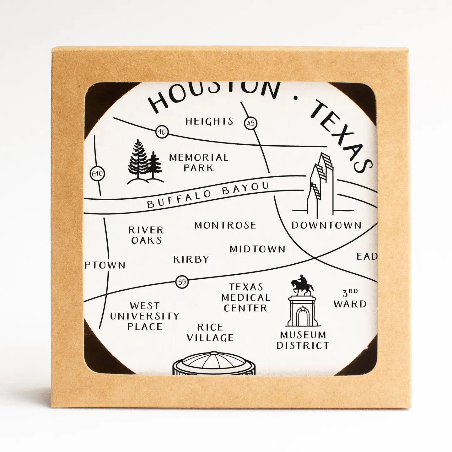 Map of Houston, Texas with landmarks inside a cardboard box