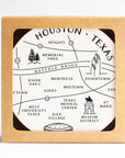 Map of Houston, Texas with landmarks inside a cardboard box