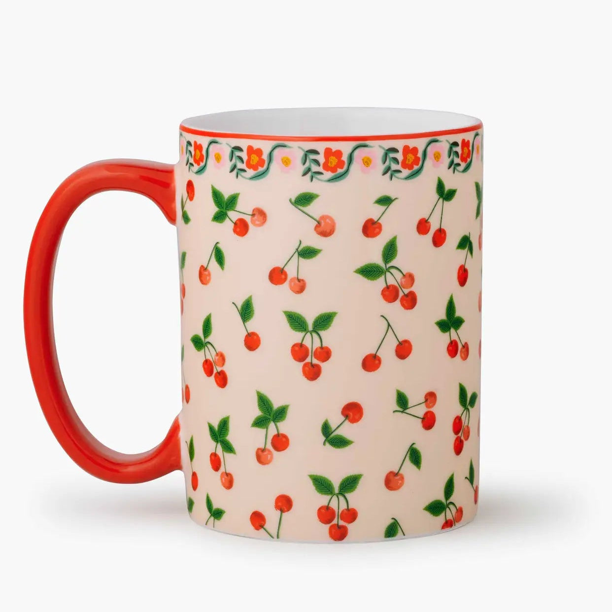 cherry porcelain mug on a white background