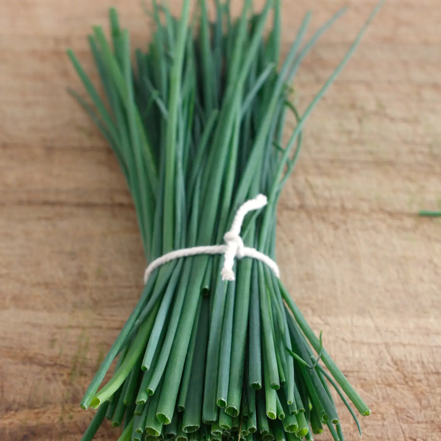 Bunch of green onions tied with string on a wooden surface