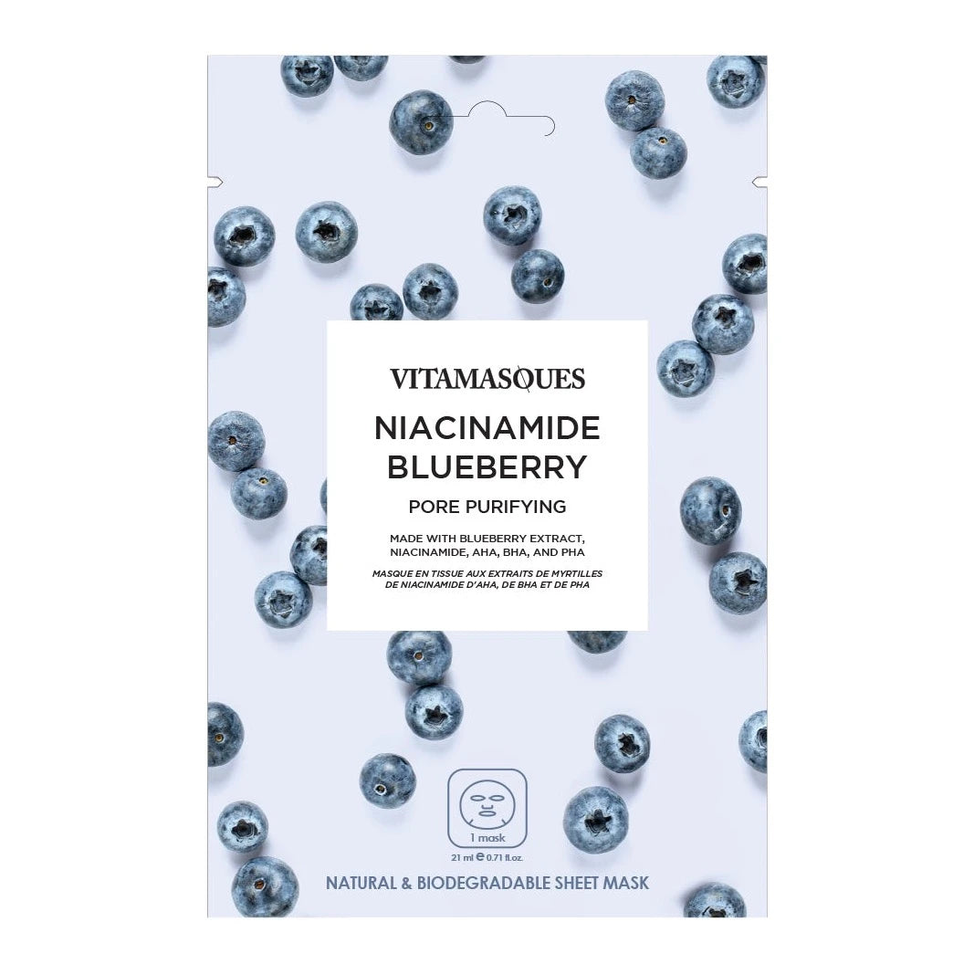 light blue sheet mask packaging with blueberries printed on it