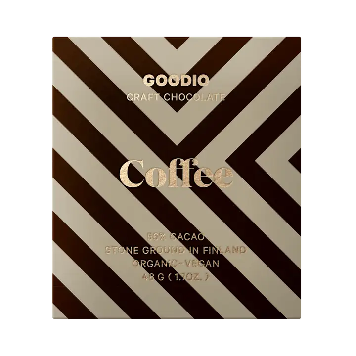 Goodio craft chocolate packaging with coffee text on a striped background
