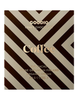 Goodio craft chocolate packaging with coffee text on a striped background