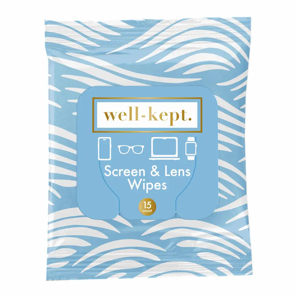 Pack of well-kept screen and lens wipes with blue and white design