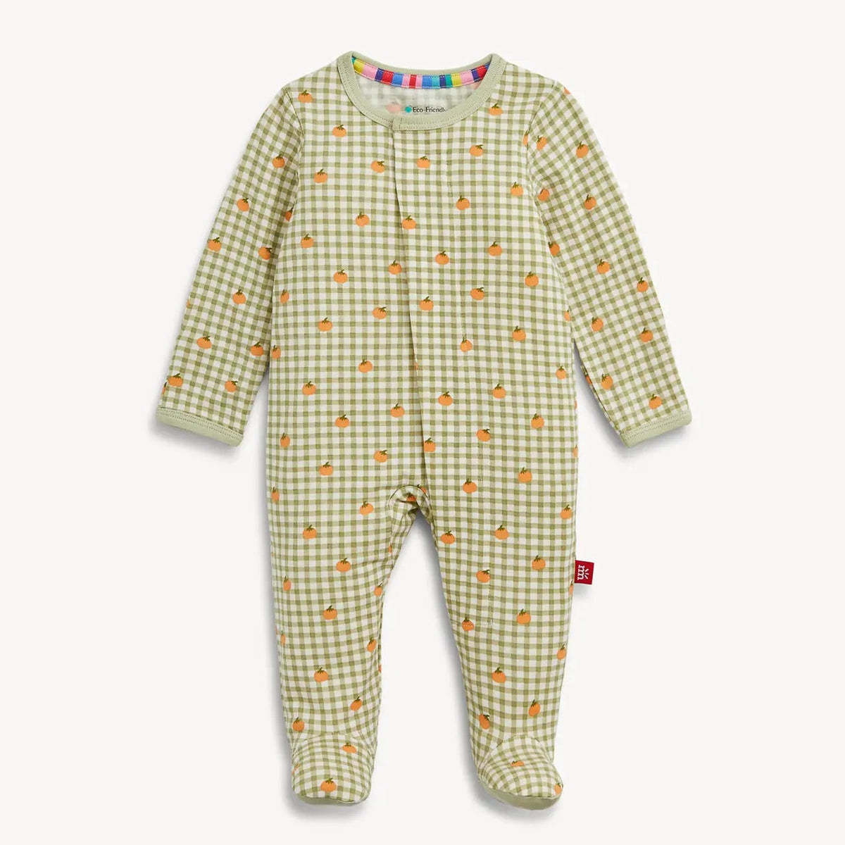 Green checkered baby onesie with orange patterns on a white background