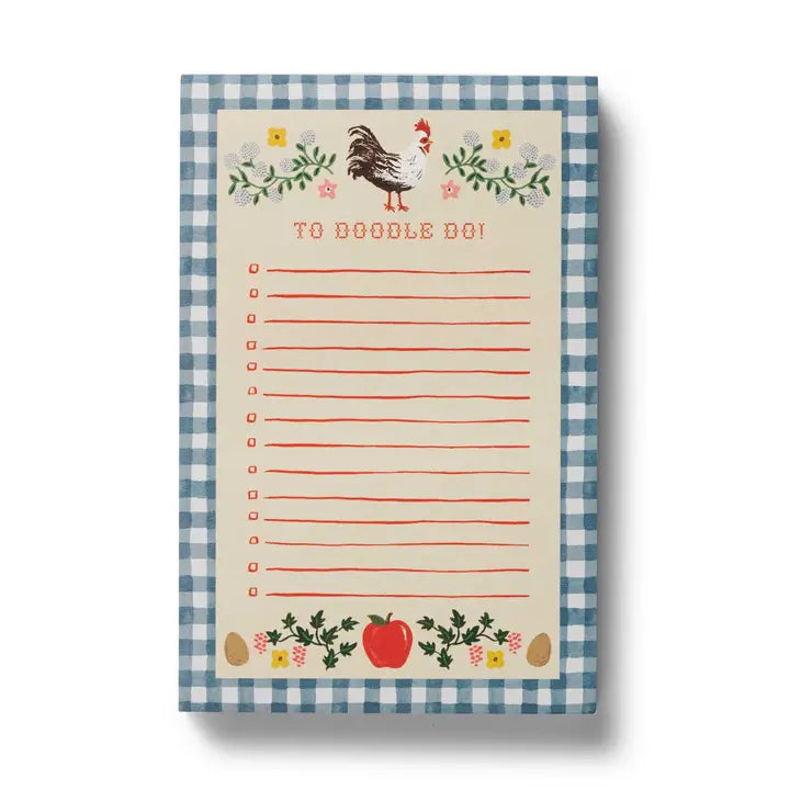 Notepad with a checkered border and farm-themed design on a white background