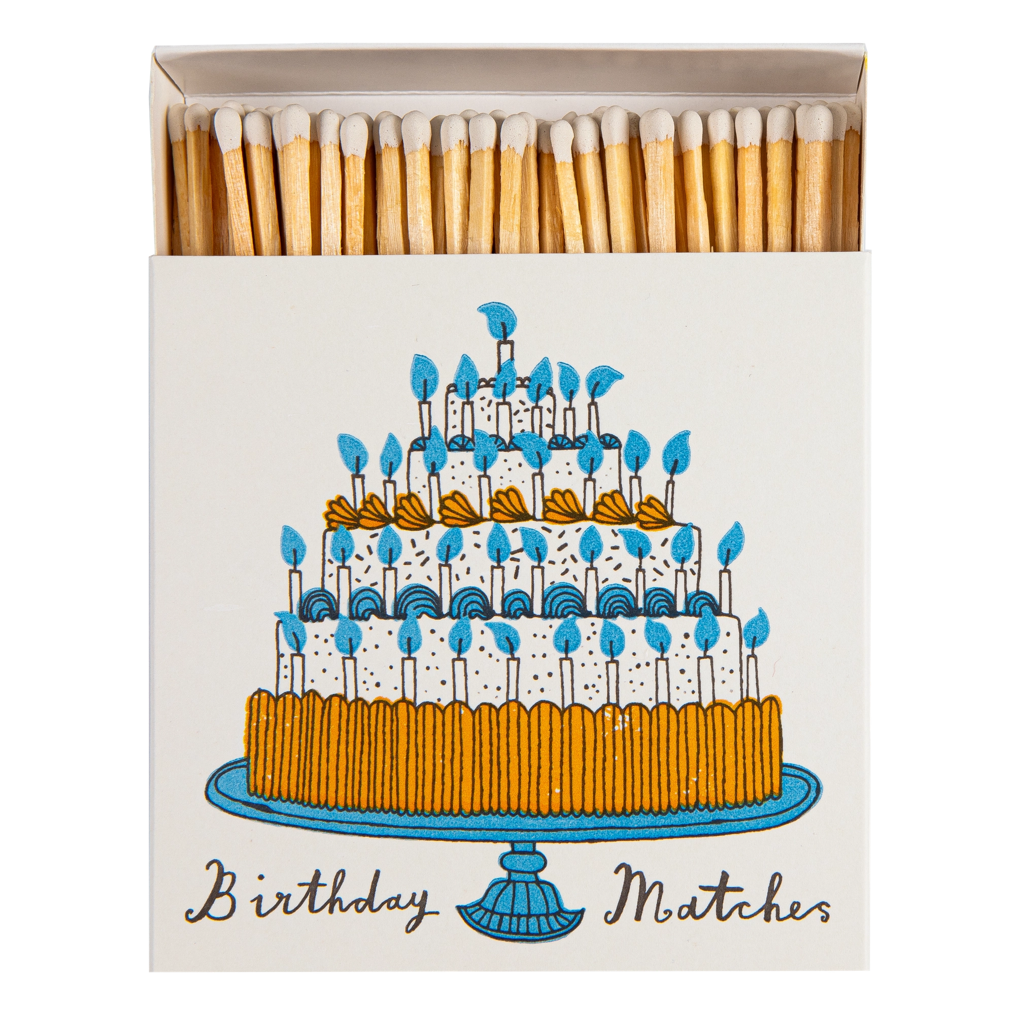 Matchbox with a birthday cake design and 'Birthday Matches' text on a white background