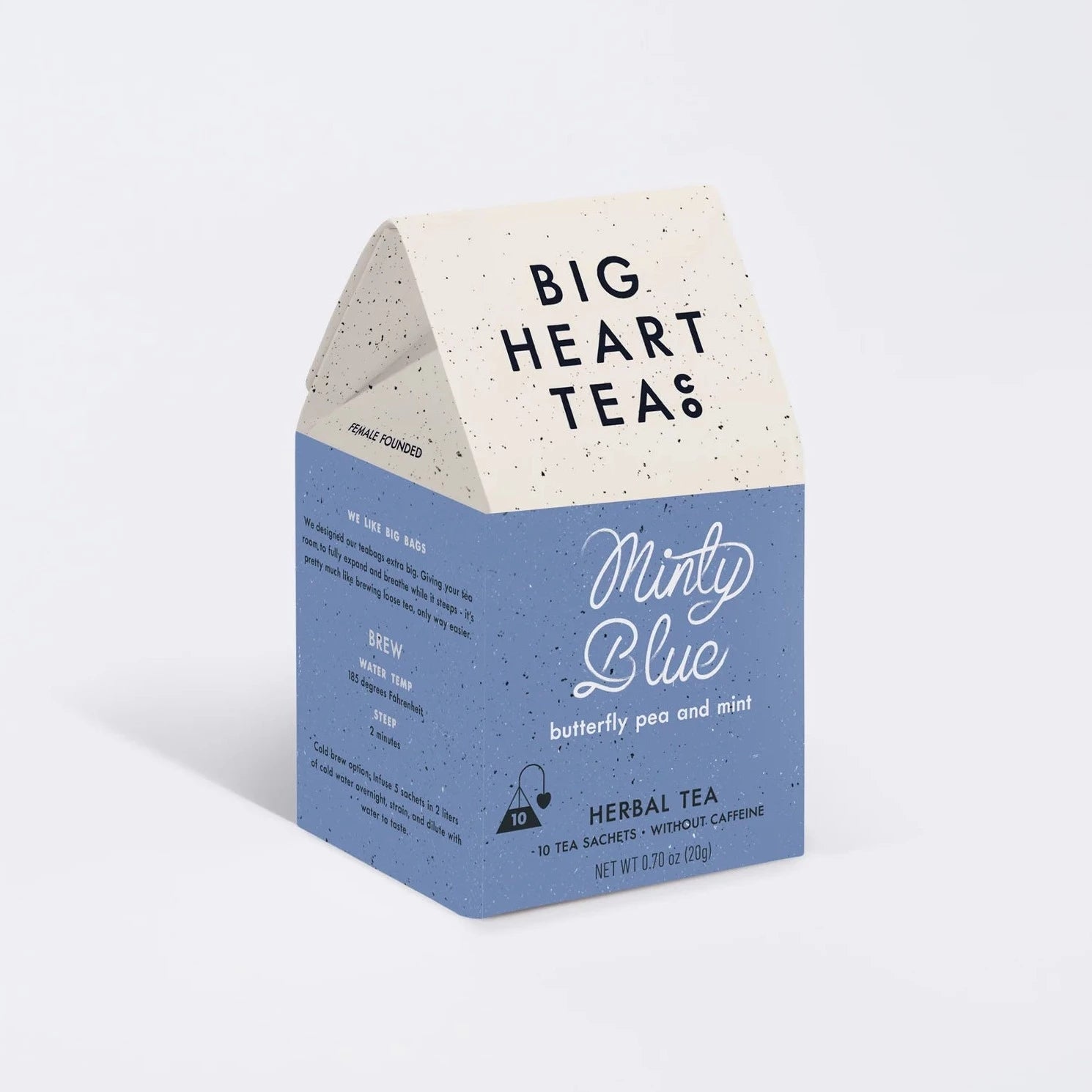 Minty Blue Tea packaging on white background.