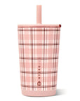 A pink and white plaid insulated tumbler with a matching pink lid and straw, featuring the HydroJug brand name printed vertically on the front.