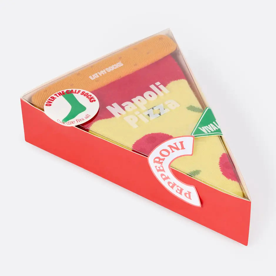 Triangular pizza-shaped packaging with 'Napoli Pizza' and 'Pepperoni' text on a white background