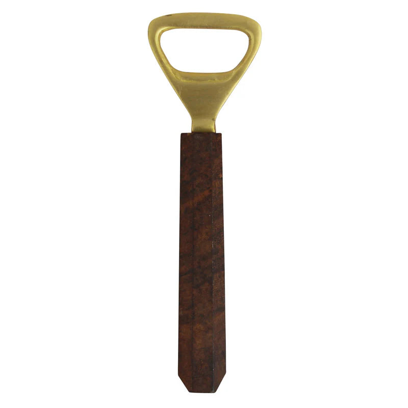 Bottle opener with a yellow metal top and wooden handle on a white background