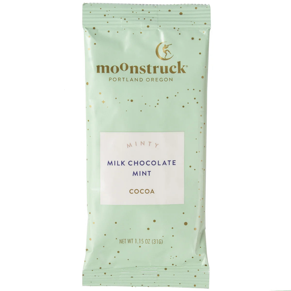 Mint green packaging of Moonstruck milk chocolate mint cocoa on a white background