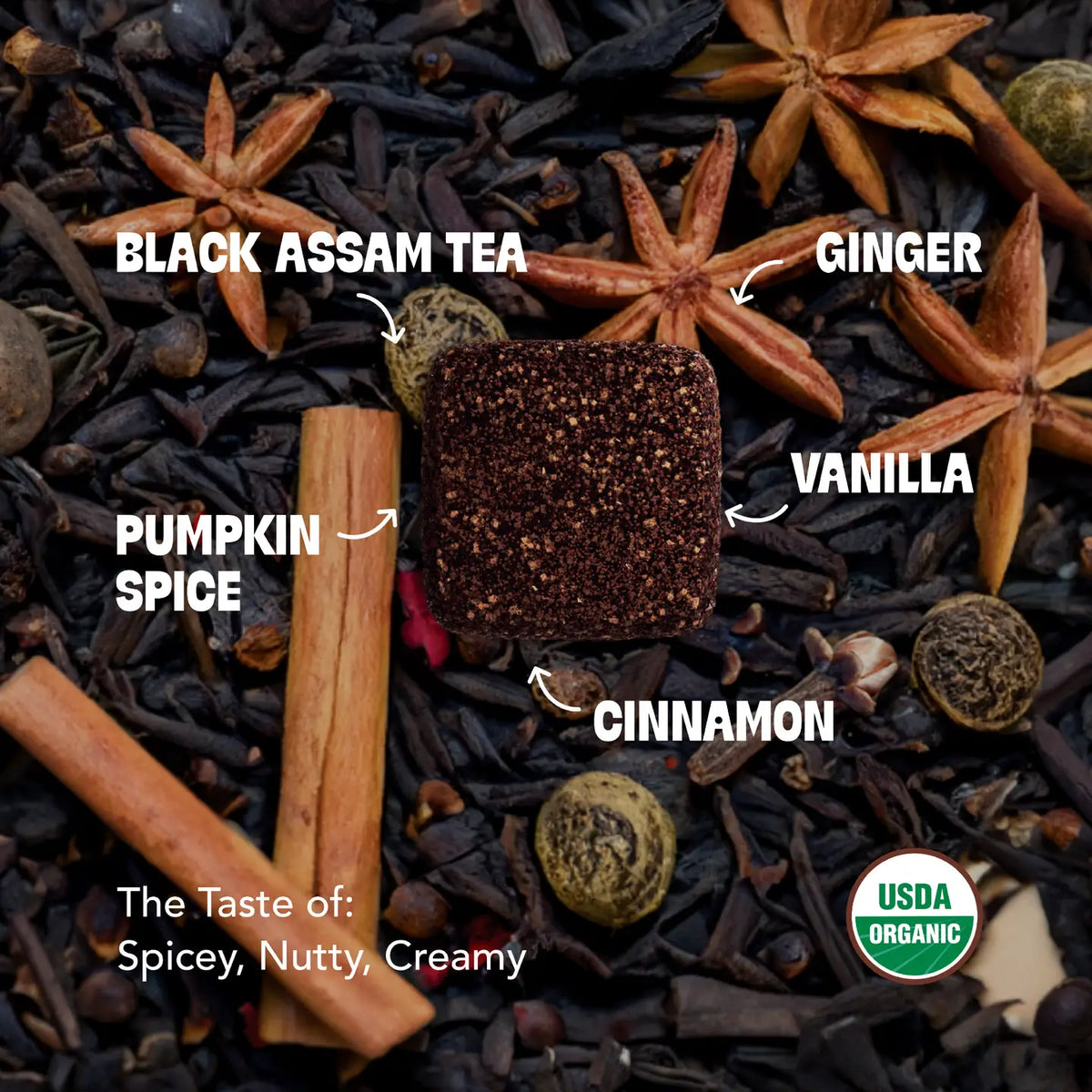 Spices and tea leaves with labels indicating ingredients and flavor profile.
