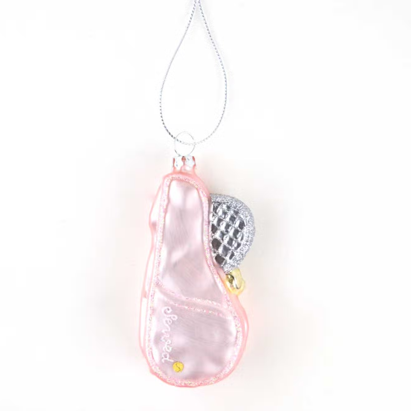 pink tennis racket bag shaped ornament with a silver and glittery racket sticking out of the bag. Ornament had silver string
