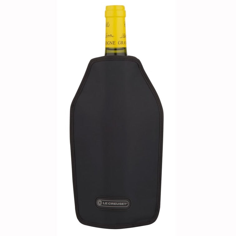 Black wine cooler sleeve with black le crest logo on the bottom. Sleeve has wine bottle inside with yellow foil