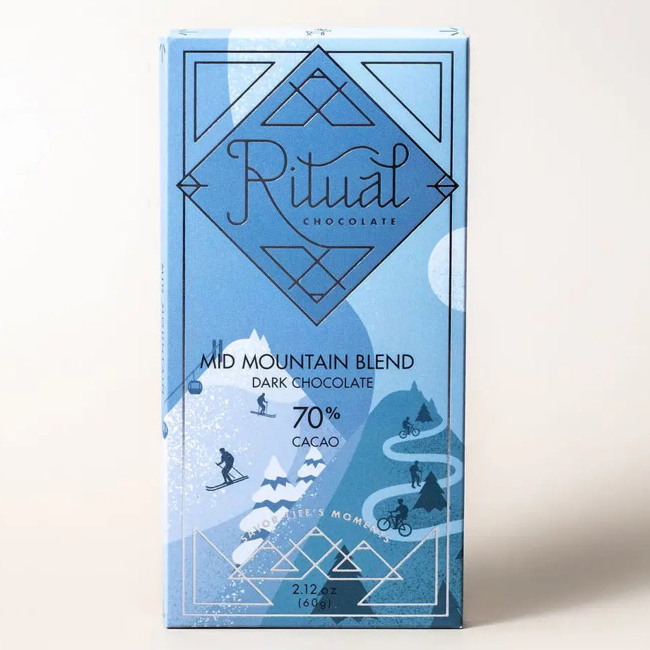 Blue chocolate bar packaging with 'Ritual Chocolates' branding on a light background