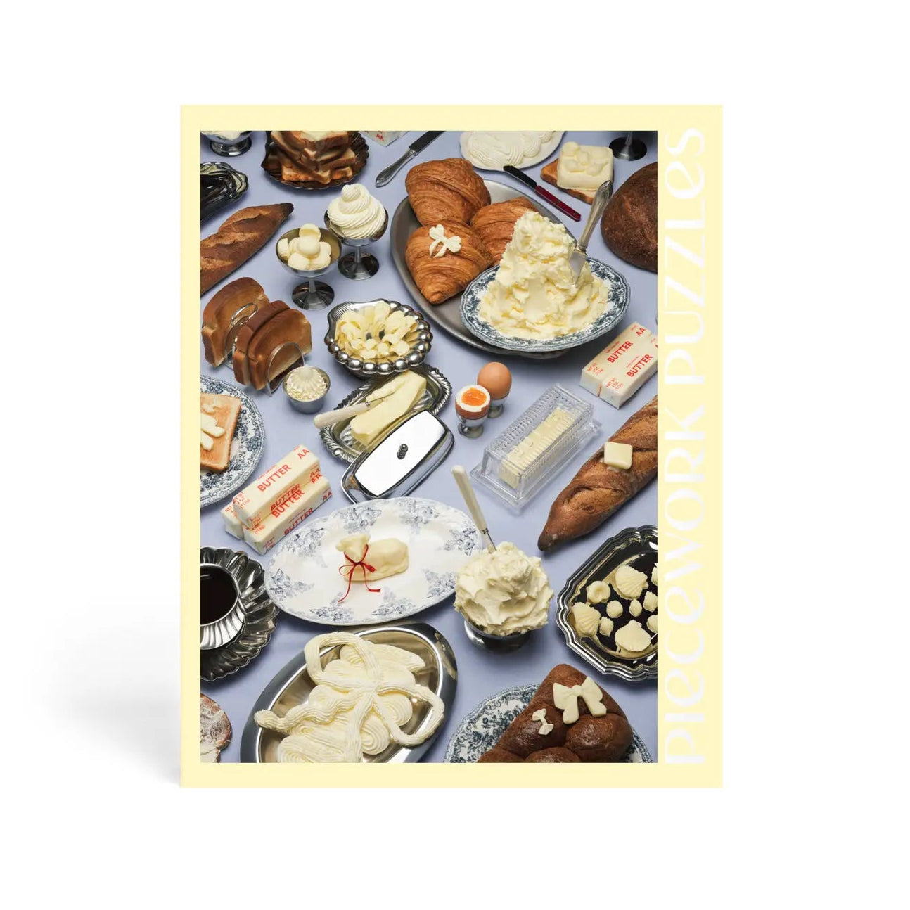 Assorted pastries and desserts on a light blue background with a yellow border.