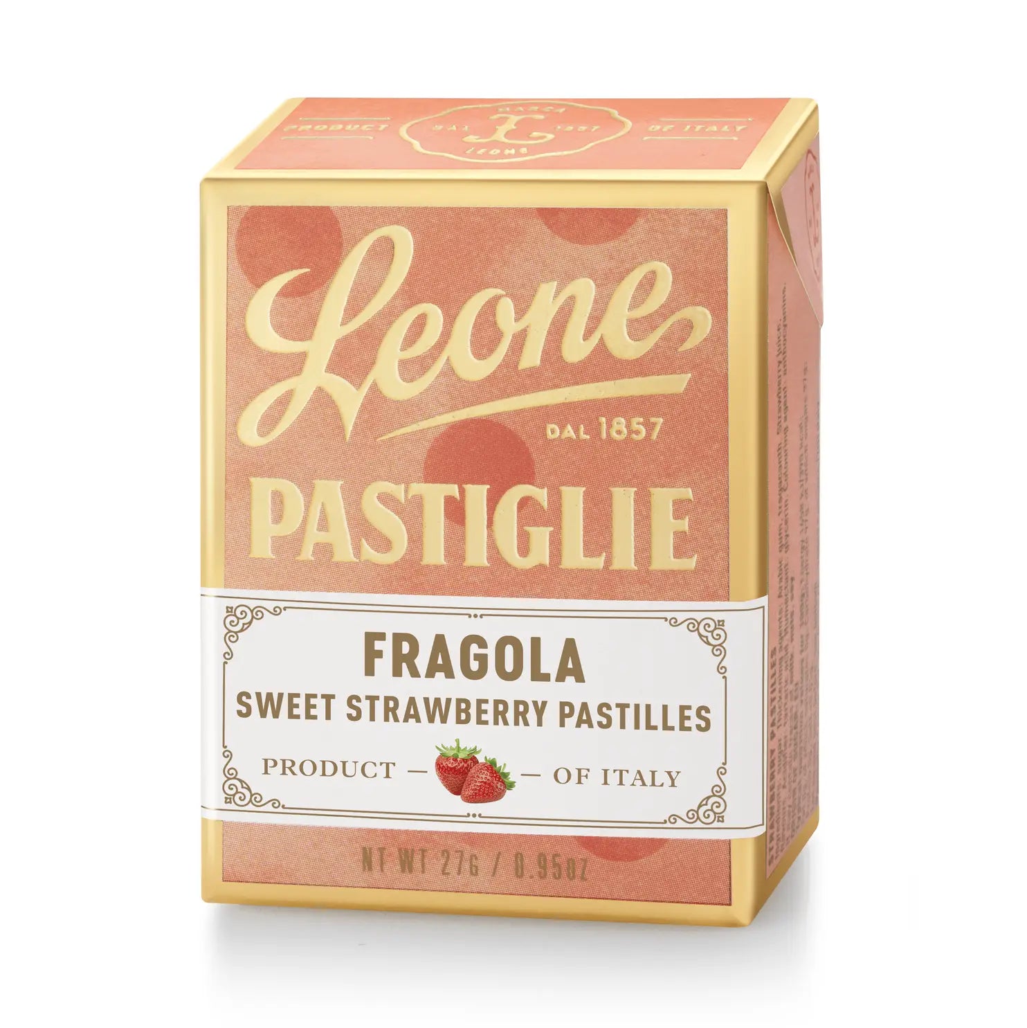 Box of Leone Pastiglie Sweet Strawberry Pastilles on a white background