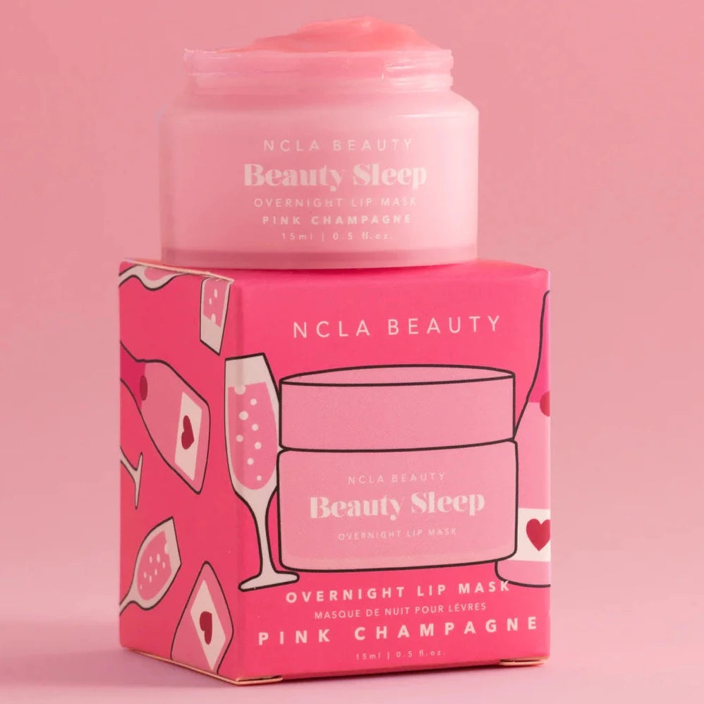 Pink Champagne Beauty Sleep Overnight Lip Mask box package under mask pot