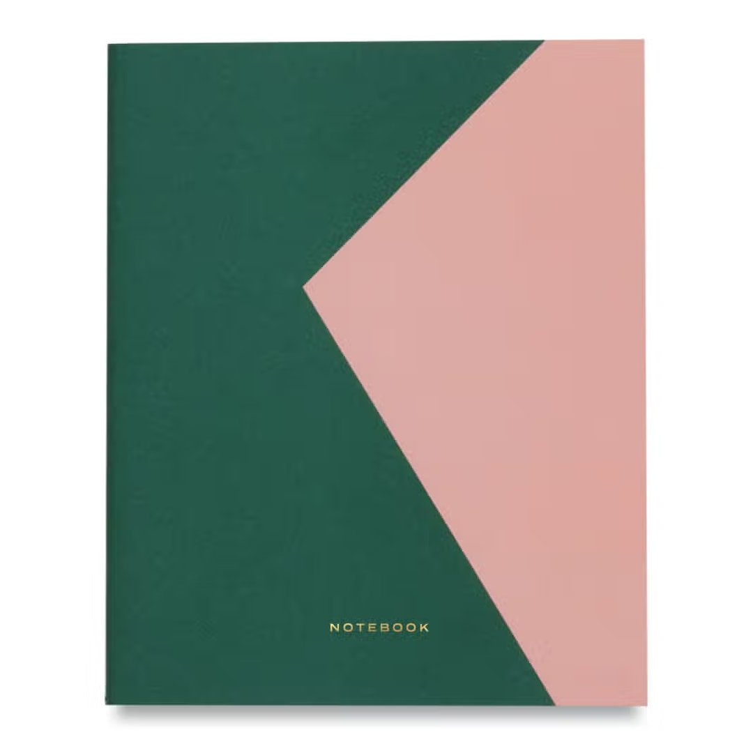 Front of notebook that has a green and pink color block almost resembling an envelope. Gold text in bottom center reads "NOTEBOOK"