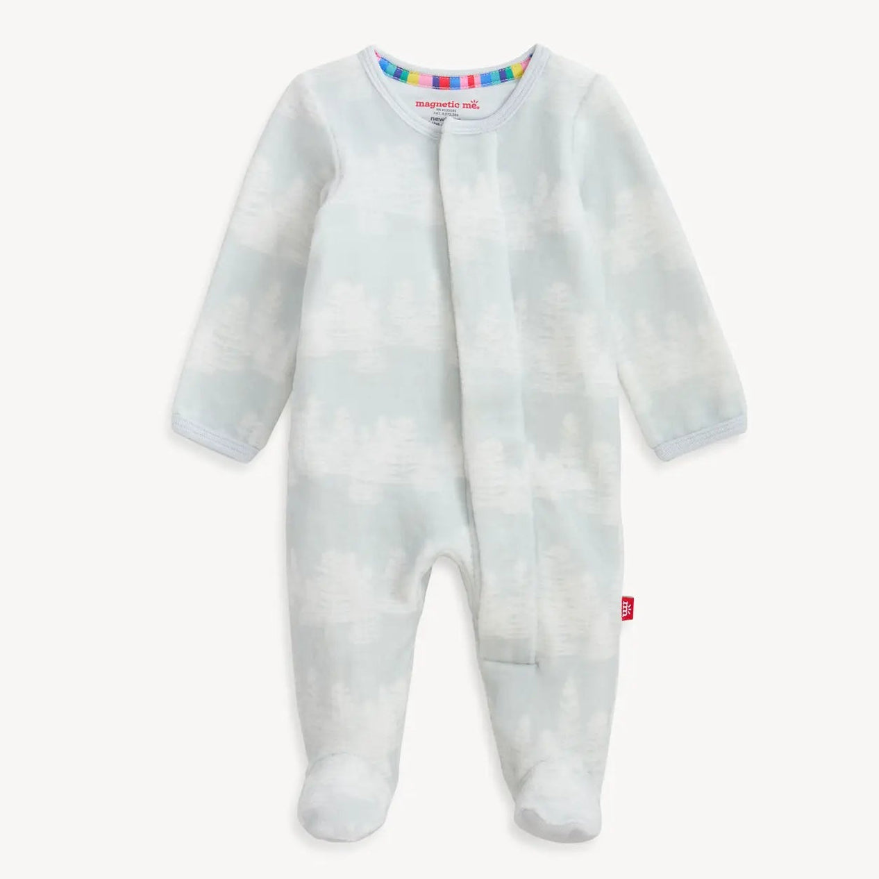 Gray baby onesie with colorful label on a white background