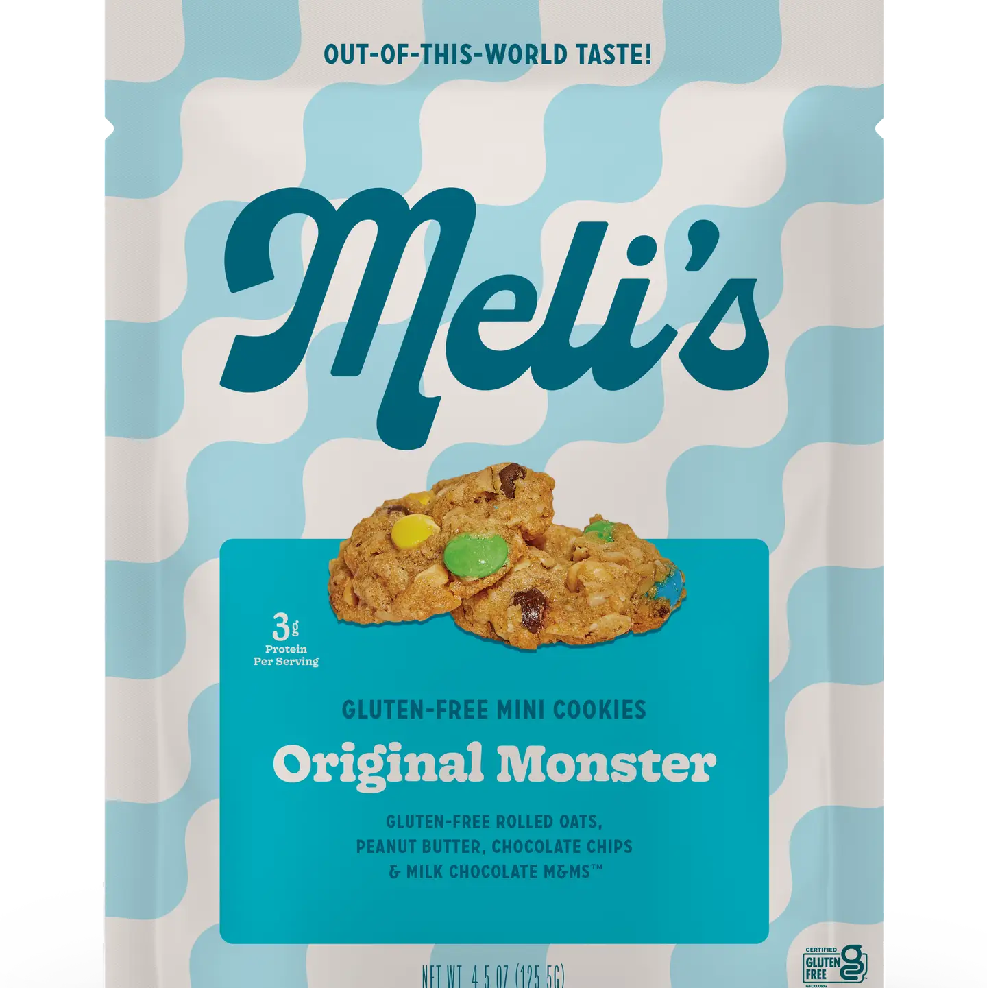 Meli's Gluten-Free Mini Cookies Original Monster snack bag, featuring a light blue and white wavy pattern background with a central teal panel showing an image of the cookies.