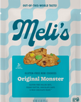 Meli's Gluten-Free Mini Cookies Original Monster snack bag, featuring a light blue and white wavy pattern background with a central teal panel showing an image of the cookies.